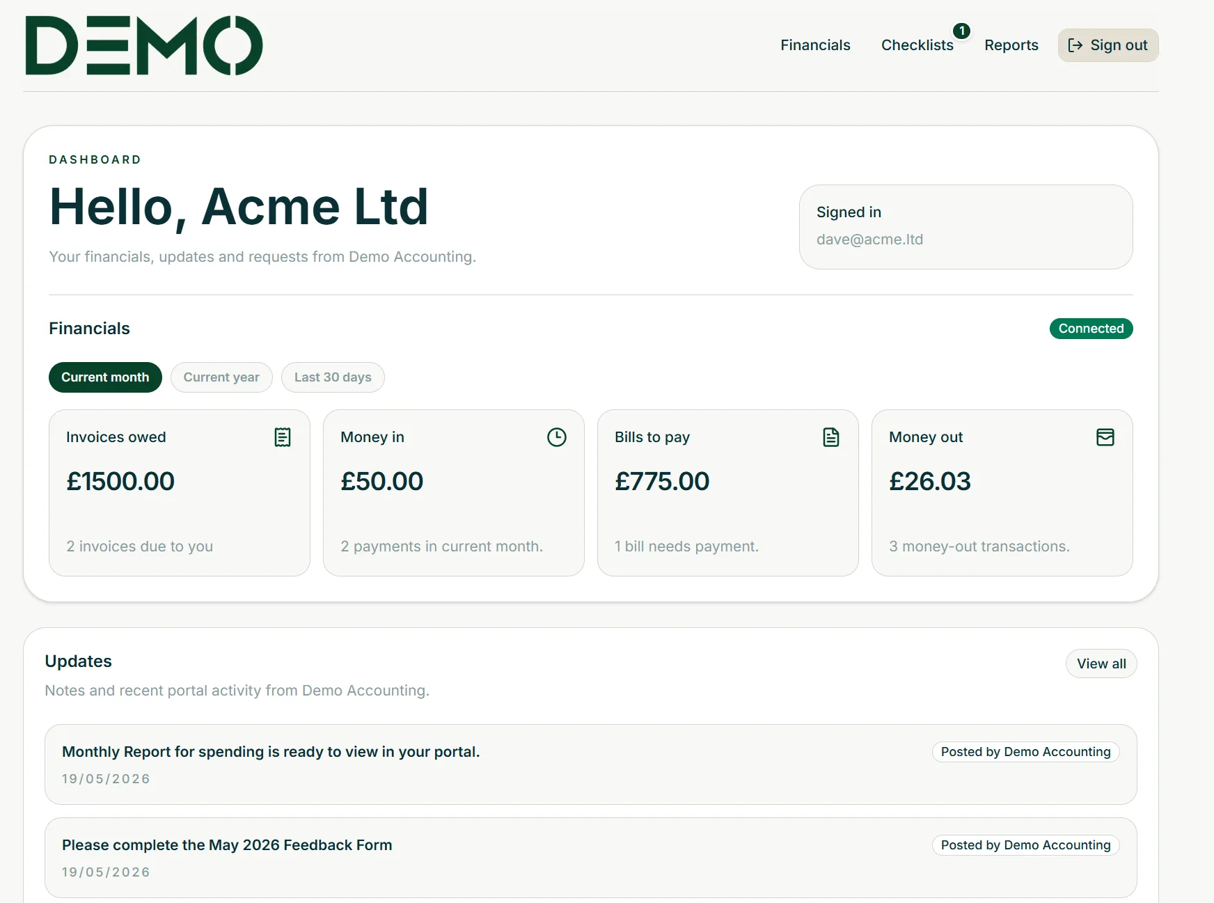 Professional white-labeled client portal dashboard showing Xero financials and invoices